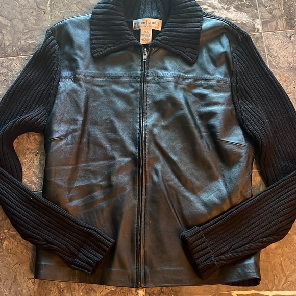 Sutton studio black leather zipper crapped sweater jack - Picture 3 of 6